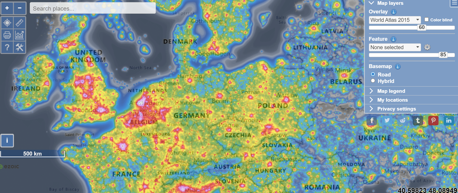 Websites wie die Light Pollution Map oder der NASA Blue Marble Navigator zeigen, wie stark die Lichtverschmutzung in verschiedenen Gebieten ist. Image: Light Pollution Map