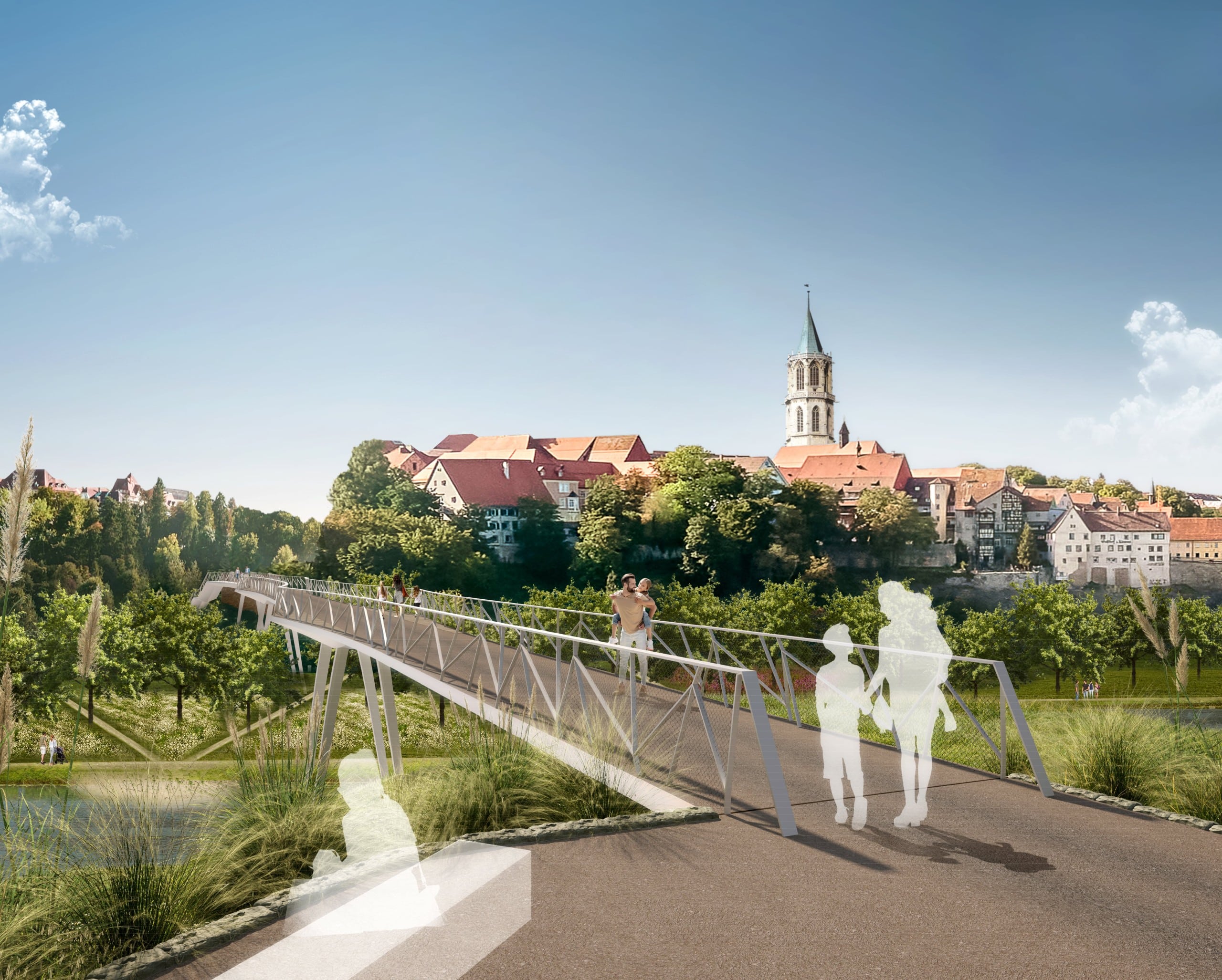 Der Siegerentwurf: Brücke für die Landesgartenschau Rottweil 2028 von Bietergemeinschaft Johannes Pellkofer Architektur, Mannheim, mit MSIng Matthaei + Schotte Ingenieure, Stuttgart. Im Hintergrund die Stadtsilhouette von Rottweil. Visualisierung: © & Courtesy Johannes Pellkofer Architektur, MSIng Matthaei + Schotte Ingenieure.