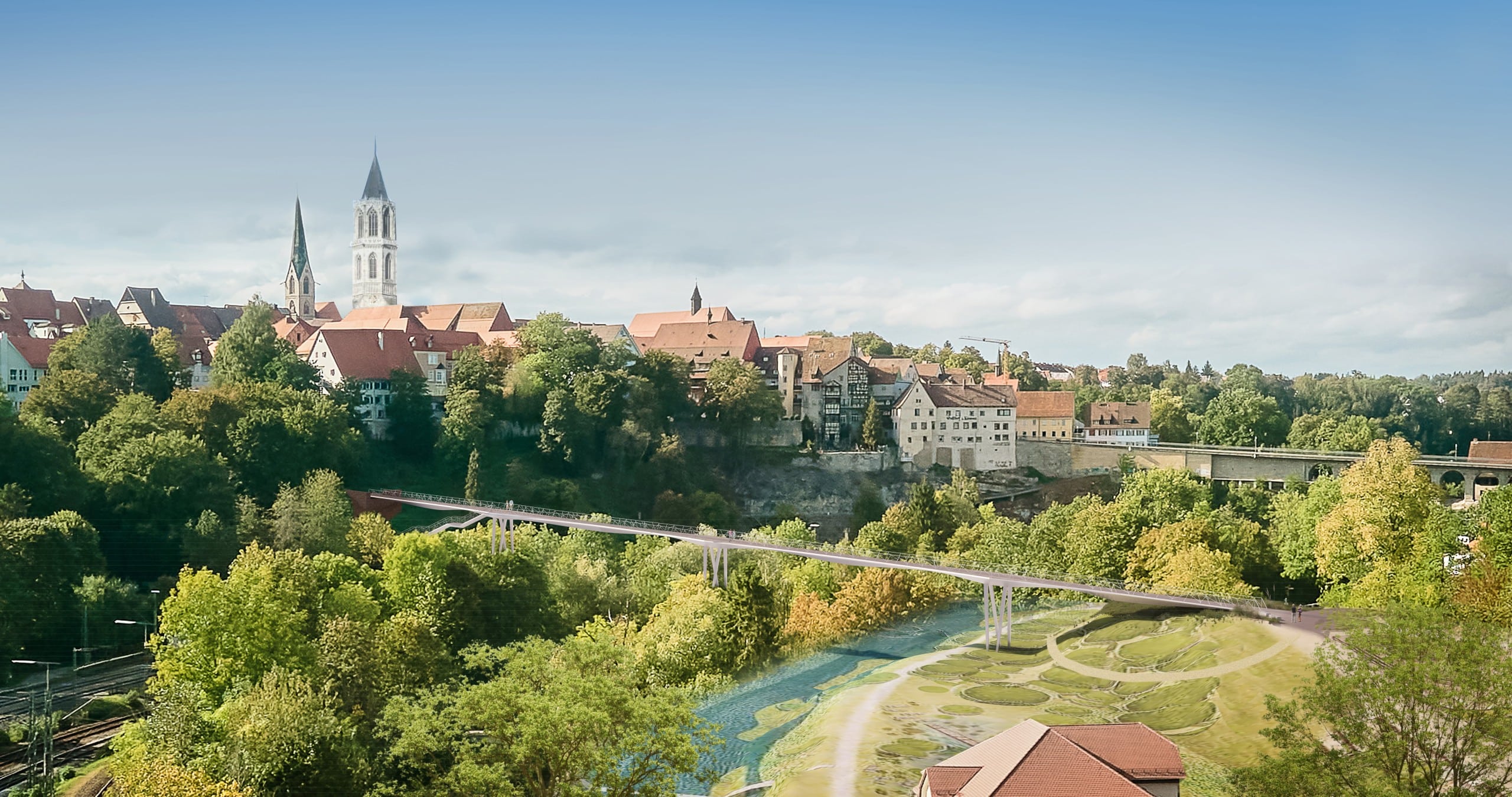 Der Siegerentwurf eingebettet in den Natur- und Kulturraum Rottweils mit Neckar, den Auen und der markanten Altstadt mit dem Turm der Kapellenkirche im Hintergrund. Visualisierung: © & Courtesy Johannes Pellkofer Architektur, MSIng Matthaei + Schotte Ingenieure.Der Siegerentwurf eingebettet in den Natur- und Kulturraum Rottweils mit Neckar, den Auen und der markanten Altstadt mit dem Turm der Kapellenkirche im Hintergrund. Visualisierung: © & Courtesy Johannes Pellkofer Architektur, MSIng Matthaei + Schotte Ingenieure.