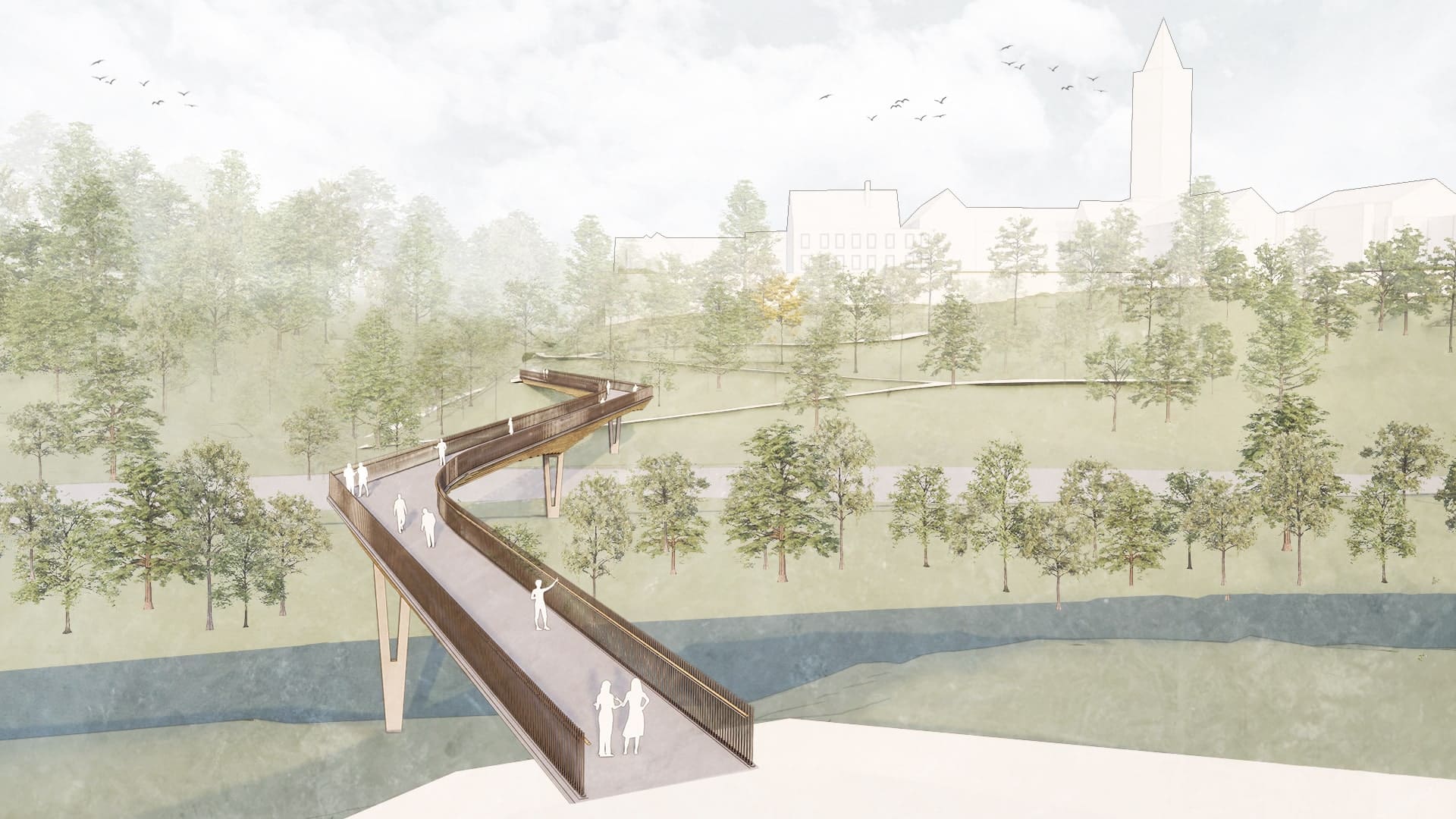 Der vierte Preis für die Brücke zur Landesgartenschau Rottweil 2028 ging an Next architects aus Amsterdam und IB Miebach Ingenieurbüro. Die Brücke sollte aus Holz gebaut werden. © & Courtesy Next architects, IB Miebach Ingenieurbüro.