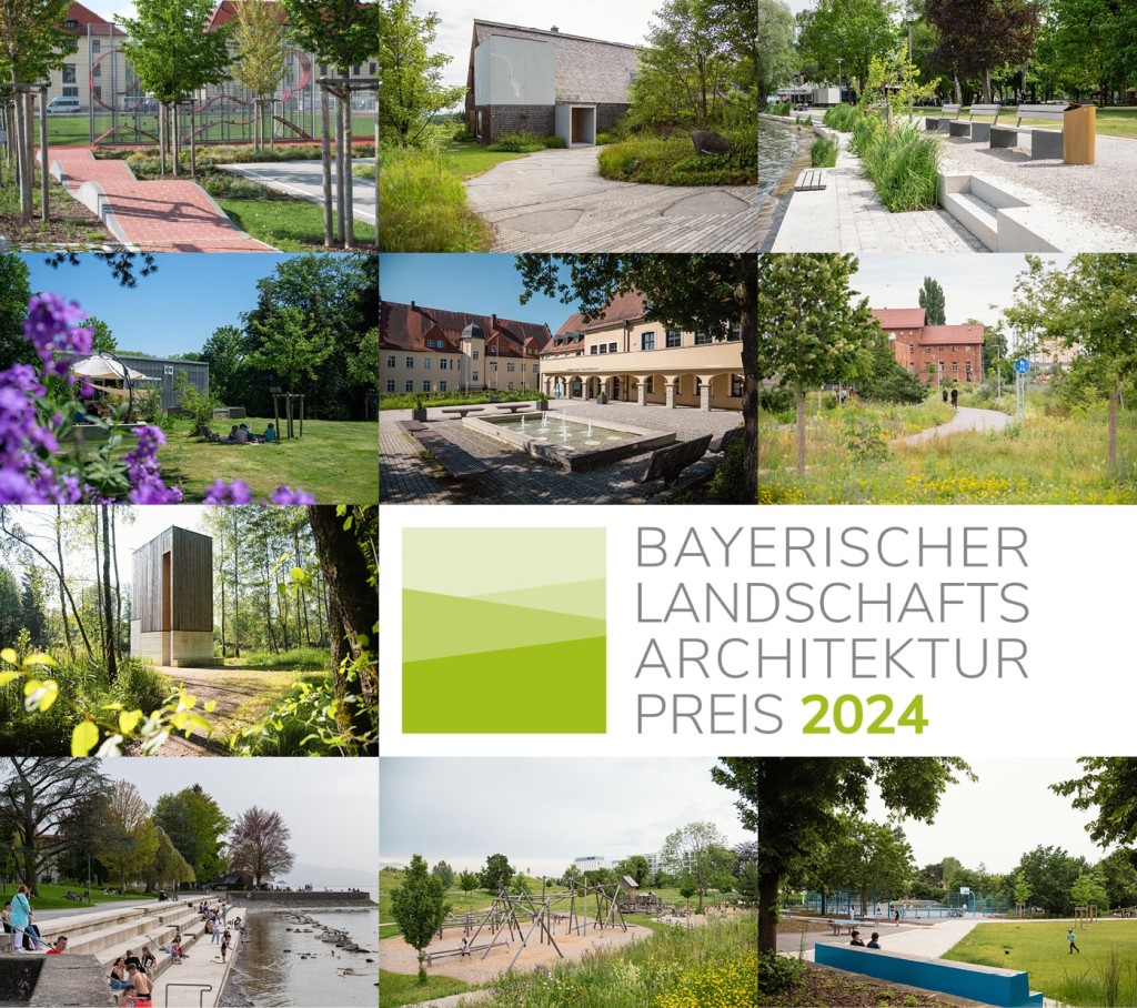 Seit dem 8. Juli sind die nominierten Projekte für den Bayerischen Landschaftsarchitektur-Preis 2024 bekannt. Logo: Bund deutscher Landschaftsarchitekt:innen Landesverband Bayern, Fotos: © Laura Loewel