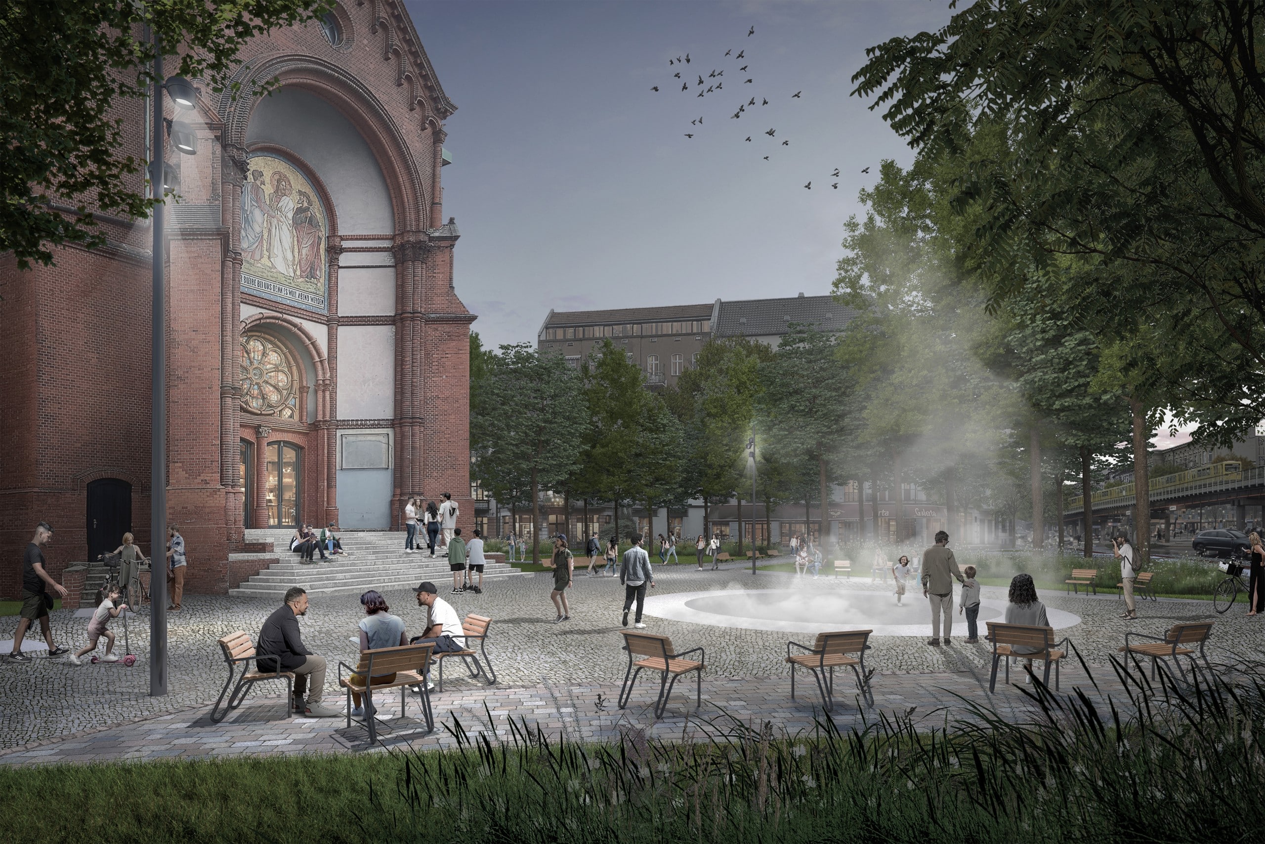 Vor der Kirche soll eine Fläche mit Nebelbrunnen entstehen, die sowohl als Bühne als auch als Spielplatz dient und zusätzlich Erfrischung bietet. Copyright: Adrian Calitz